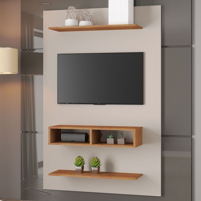 Painel para TV Até 42 Polegadas Isaac 2 Prateleiras 2 Nichos Off White/Mel - Viero Móveis
