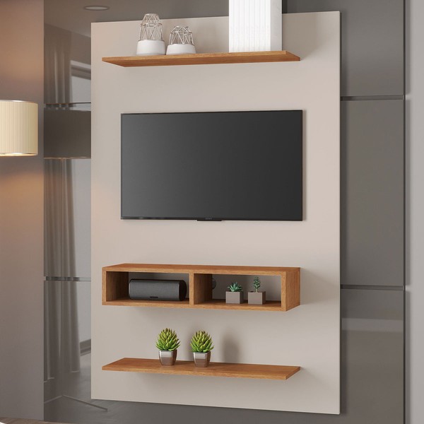 Painel para TV Até 42 Polegadas Isaac 2 Prateleiras 2 Nichos Off White/Mel - Viero Móveis