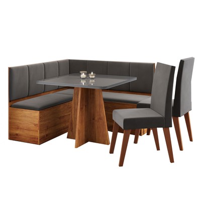 Canto Alemão Gourmet com 2 Cadeiras e Vidro Mel/Grafite/Veludo Cinza - Viero Móveis