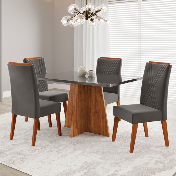 Mesa de Jantar 4 Lugares Stilo Mel/Cinza/Veludo Cinza - Viero Móveis