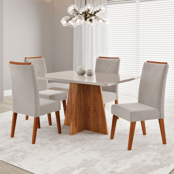 Mesa de Jantar 4 Lugares Stilo com Vidro Mel/Vidro Off White/Veludo Pastel - Viero Móveis