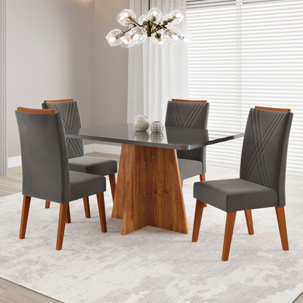 Mesa de Jantar 4 Lugares Stilo com Vidro Mel/Vidro Grafite/Veludo Cinza - Viero Móveis