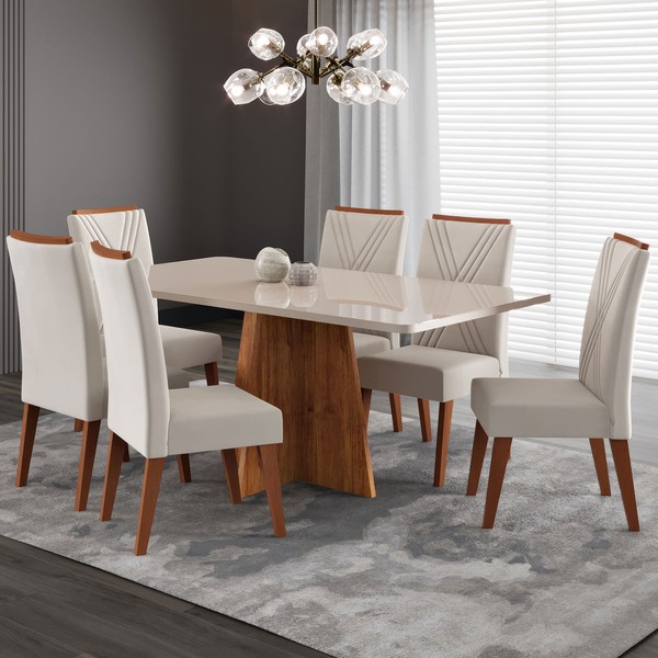 Mesa de Jantar 6 Lugares Stilo Mel/Blonde/Veludo Pastel - Viero Móveis