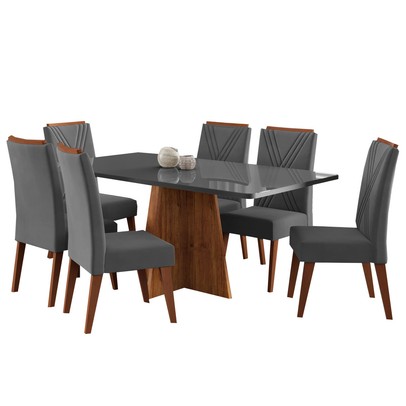 Mesa de Jantar 6 Lugares Stilo Mel/Cinza/Veludo Cinza - Viero Móveis