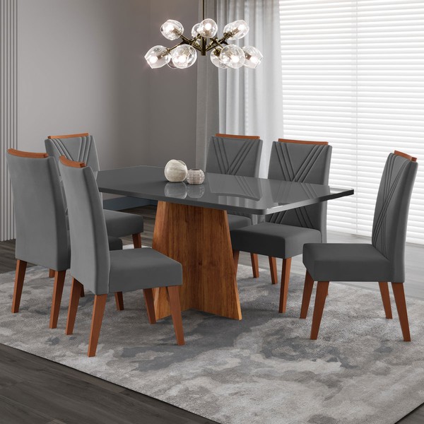 Mesa de Jantar 6 Lugares Stilo com Vidro Mel/Grafite/Veludo Cinza - Viero Móveis