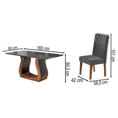 Mesa de Jantar 6 Lugares Lana Mel/Cinza/Veludo Cinza - Viero Móveis