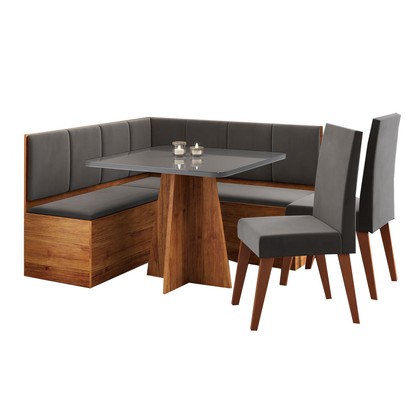 Canto Alemão Gourmet com 2 Caderias Mel/Cinza/Veludo Cinza - Viero Móveis