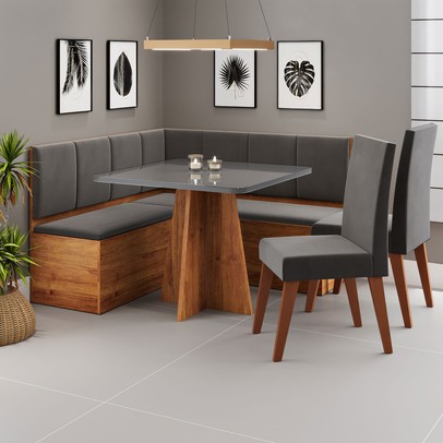 Canto Alemão Gourmet com 2 Caderias Mel/Cinza/Veludo Cinza - Viero Móveis