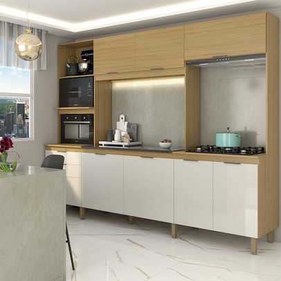 Cozinha Completa 8 Portas 2 Gavetas Beniz Ipê/Cristalo - Panorama Móveis
