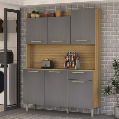 Armário de Cozinha com Balcão Cataguera 6 Portas 1 Gaveta Freijó/Gris - Panorama Móveis