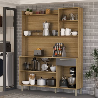 Armário de Cozinha com Balcão Cataguera 6 Portas 1 Gaveta Freijó/Gris - Panorama Móveis