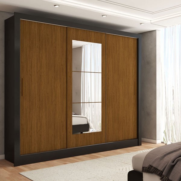 Guarda-Roupa Sebastian 3 Portas com Espelho 3 Gavetas Preto/Cinamomo - Panorama Móveis