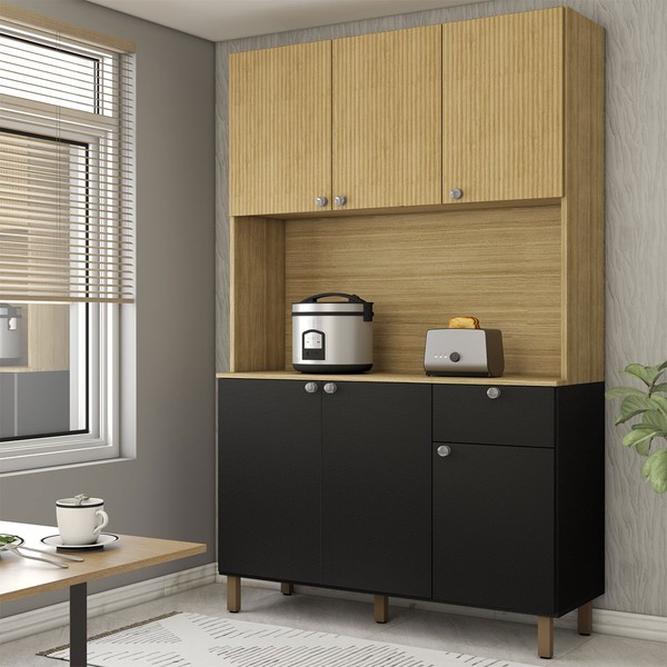 Armário de Cozinha com Balcão Evermore 6 Portas 1 Gaveta Ripado 3d Freijó/Nero - Panorama Móveis