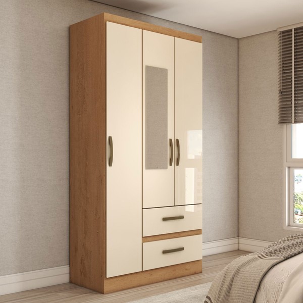 Guarda-Roupa Solteiro Alohomora 3 Portas 2 Gavetas com Espelho Cinamomo/Off White - Panorama Móveis