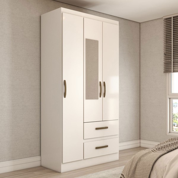 Guarda-Roupa Solteiro Alohomora 3 Portas 2 Gavetas com Espelho Branco - Panorama Móveis