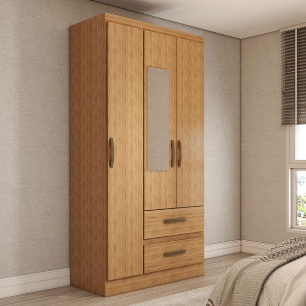 Guarda-Roupa Solteiro Alohomora 3 Portas 2 Gavetas com Espelho Mel - Panorama Móveis