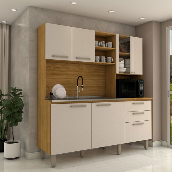 Cozinha Compacta Leviosa 7 Portas 2 Gavetas com Vidro Freijó/Soft - Panorama Móveis