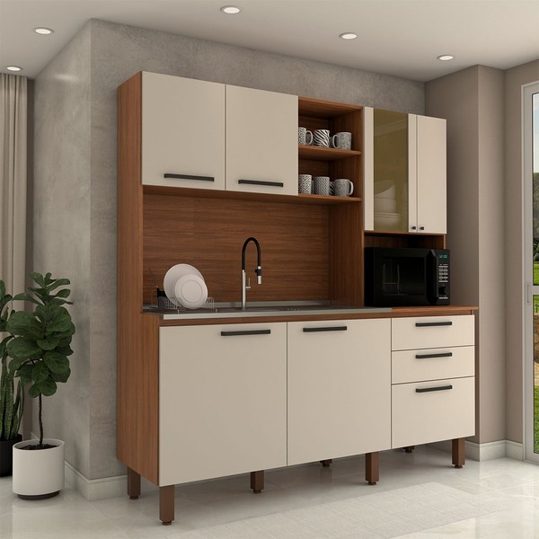 Cozinha Compacta Leviosa 7 Portas 2 Gavetas com Vidro Nogueira/Off White - Panorama Móveis