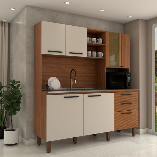 Cozinha Compacta Leviosa 7 Portas 2 Gavetas com Vidro Ripado 3d Nogueira/Off White - Panorama Móveis