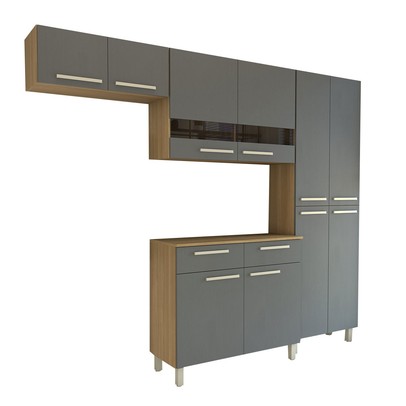 Armário de Cozinha com Balcão Império 10 Portas 2 Gavetas com Vidro Freijó/Gris - Panorama Móveis