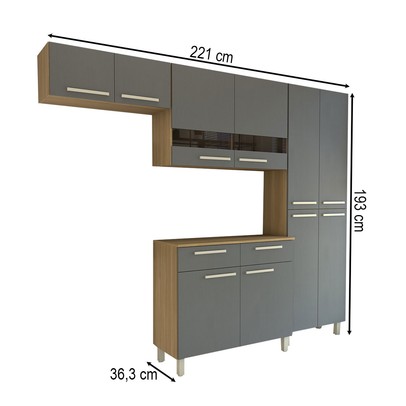 Armário de Cozinha com Balcão Império 10 Portas 2 Gavetas com Vidro Freijó/Gris - Panorama Móveis