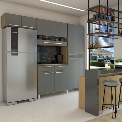 Armário de Cozinha com Balcão Império 10 Portas 2 Gavetas com Vidro Freijó/Gris - Panorama Móveis