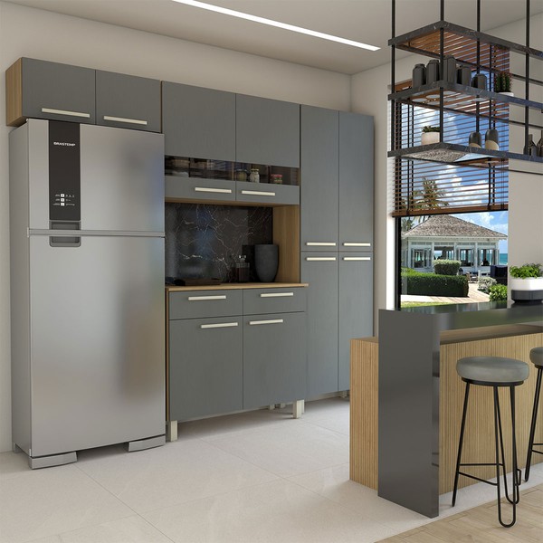 Armário de Cozinha com Balcão Império 10 Portas 2 Gavetas com Vidro Freijó/Gris - Panorama Móveis