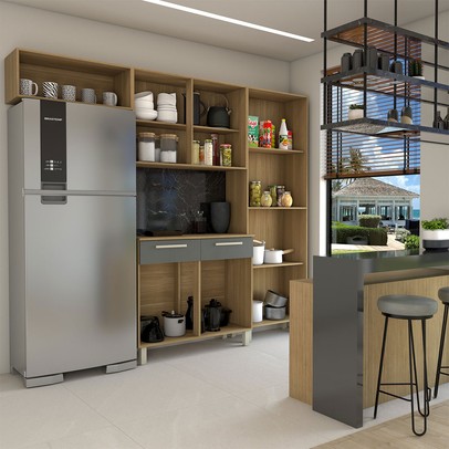 Armário de Cozinha com Balcão Império 10 Portas 2 Gavetas com Vidro Freijó/Gris - Panorama Móveis