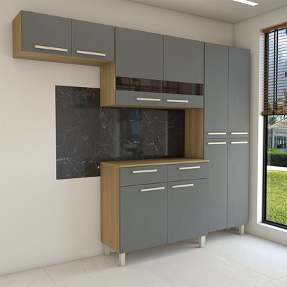 Armário de Cozinha com Balcão Império 10 Portas 2 Gavetas com Vidro Freijó/Gris - Panorama Móveis