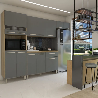 Armário de Cozinha com Balcão Obliviate 12 Portas 1 Gaveta com Vidro Freijó/Gris - Panorama Móveis