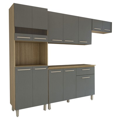 Armário de Cozinha com Balcão Obliviate 12 Portas 1 Gaveta com Vidro Freijó/Gris - Panorama Móveis