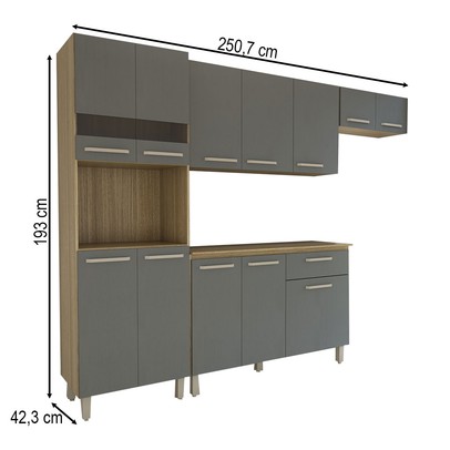 Armário de Cozinha com Balcão Obliviate 12 Portas 1 Gaveta com Vidro Freijó/Gris - Panorama Móveis