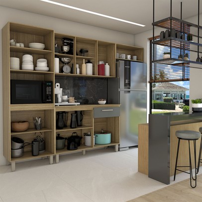 Armário de Cozinha com Balcão Obliviate 12 Portas 1 Gaveta com Vidro Freijó/Gris - Panorama Móveis