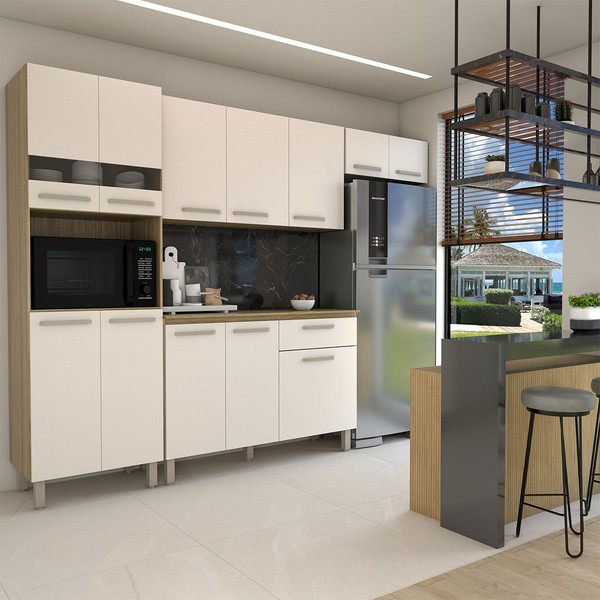 Armário de Cozinha com Balcão Obliviate 12 Portas 1 Gaveta com Vidro Freijó/Soft - Panorama Móveis