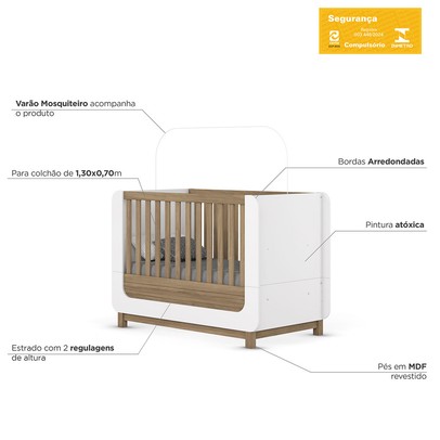 Quarto de Bebê Completo Aconchego 5 Portas 6 Gavetas com Vidro Branco/Jequitibá - Henn