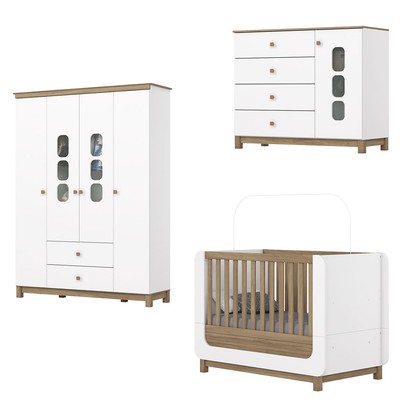 Quarto de Bebê Completo Aconchego 5 Portas 6 Gavetas com Vidro Branco/Jequitibá - Henn