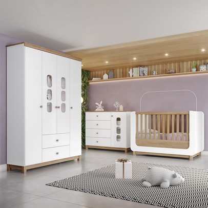 Quarto de Bebê Completo Aconchego 5 Portas 6 Gavetas com Vidro Branco/Jequitibá - Henn