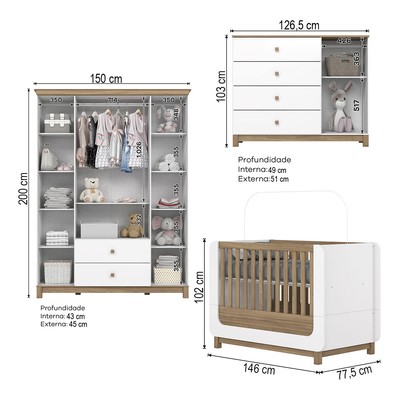 Quarto de Bebê Completo Aconchego 5 Portas 6 Gavetas com Vidro Branco/Jequitibá - Henn