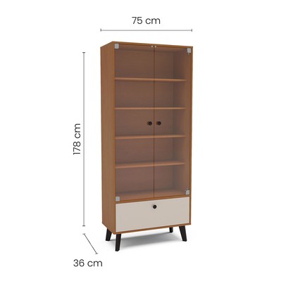 Cristaleira Londres 2 Portas 1 Gaveta com Vidro Creme/Freijó - Politorno