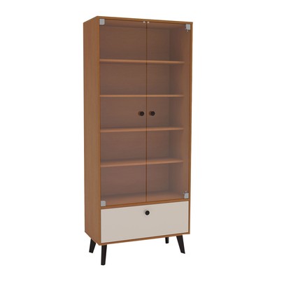 Cristaleira Londres 2 Portas 1 Gaveta com Vidro Creme/Freijó - Politorno