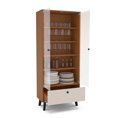 Cristaleira Londres 2 Portas 1 Gaveta com Vidro Creme/Freijó - Politorno