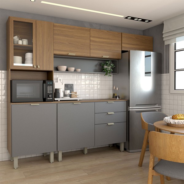 Cozinha Completa Griffin 8 Portas 2 Gavetas com Vidro Amêndola/Grafito Prime Tx - Panorama Móveis