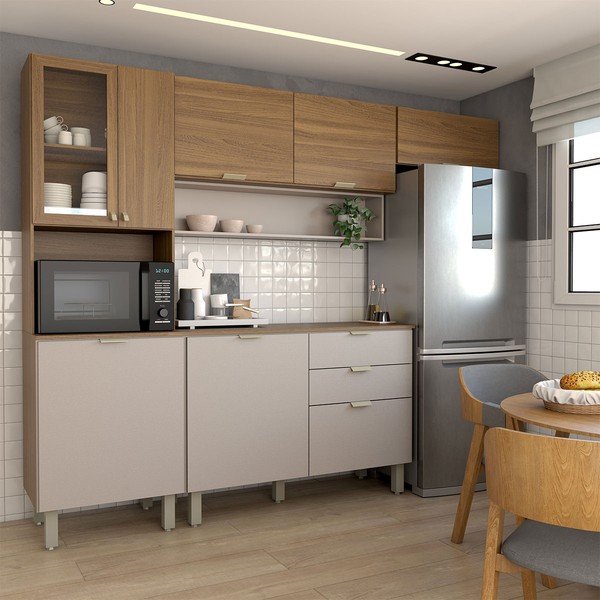 Cozinha Completa Griffin 8 Portas 2 Gavetas com Vidro Amêndola/Nude Prime Tx - Panorama Móveis