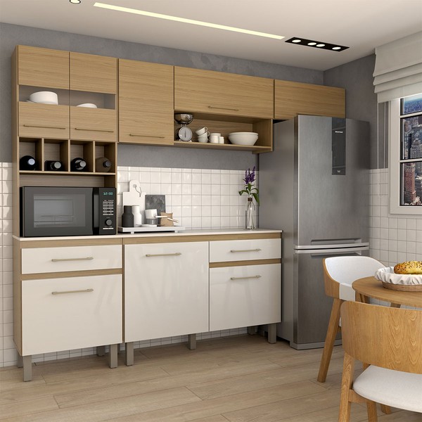 Cozinha Completa Stewie 8 Portas 2 Gavetas com Vidro Ipê/Cristalo/Petra - Panorama Móveis