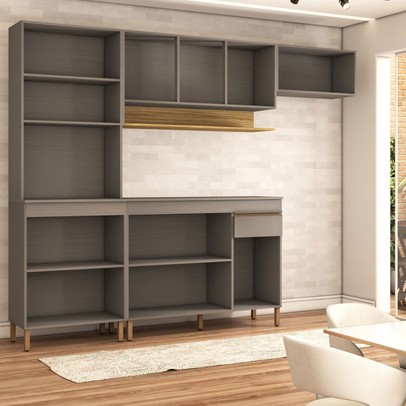 Cozinha Compacta Russel 9 Portas 1 Gaveta Gris/Freijó - Panorama Móveis