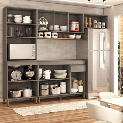 Cozinha Compacta Russel 9 Portas 1 Gaveta Gris/Freijó - Panorama Móveis