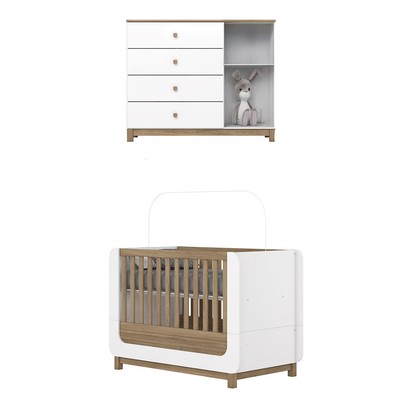 Quarto de Bebê Completo Aconchego 1 Porta 4 Gavetas com Vidro  Branco/Jequitibá - Henn