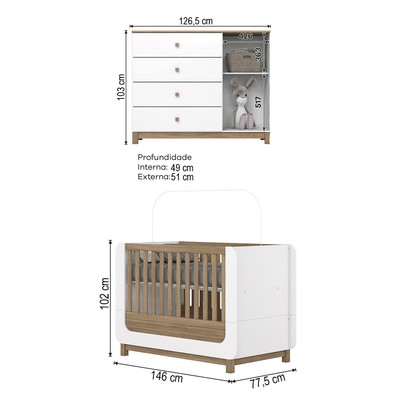 Quarto de Bebê Completo Aconchego 1 Porta 4 Gavetas com Vidro  Branco/Jequitibá - Henn