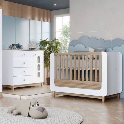 Quarto de Bebê Completo Aconchego 1 Porta 4 Gavetas com Vidro  Branco/Jequitibá - Henn