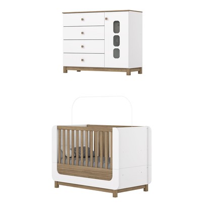 Quarto de Bebê Completo Aconchego 1 Porta 4 Gavetas com Vidro  Branco/Jequitibá - Henn